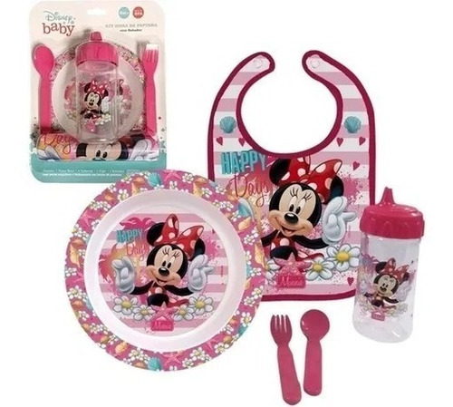 Kit Alimentação Bebê Prato Talheres Copo Babado Minnie Mouse