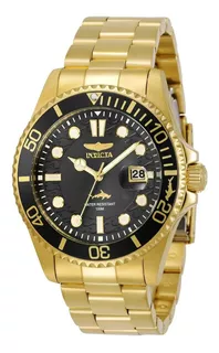 Reloj de pulsera Invicta Pro Diver 30026 de cuerpo color dorado, analógico, para hombre, fondo gris, con correa de acero inoxidable color dorado, agujas color blanco y dorado, dial blanco y dorado, mi