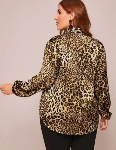 Blusa Con Estampado De Leopardo Con Cordon Talla Plus