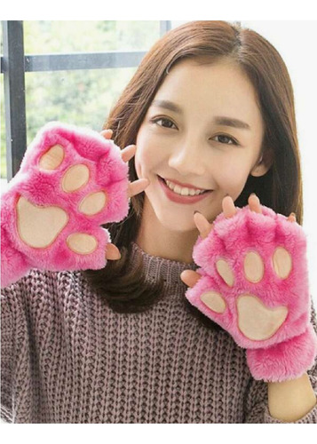 Guantes Afelpados Rosados Moda Mujer Gatita Disfraz Novia