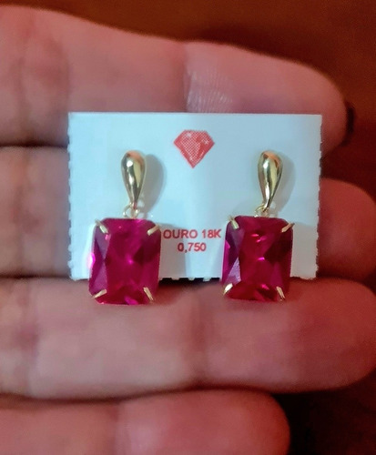 Brinco De Ouro 18k Com Zircônia Retangular De 8x10mm Com Nf