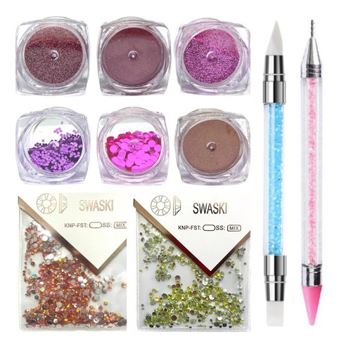 Kit Uñas Efecto Espejo + Piedras + Katana + Pincel Silicon