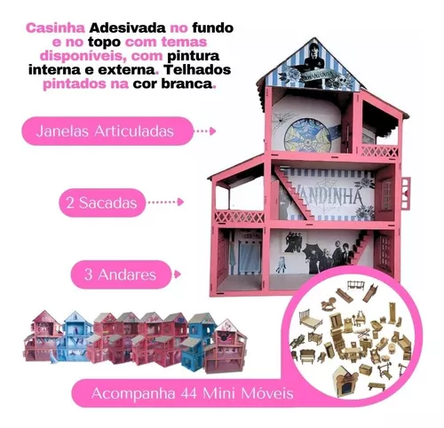 Casinha Casa de Boneca Barbie Polly Pintada 25 Móveis Madeira Mdf