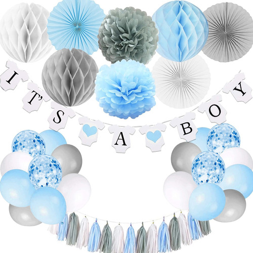 Decoraciones De Baby Shower Para Nio, Pancarta Con Pompones 