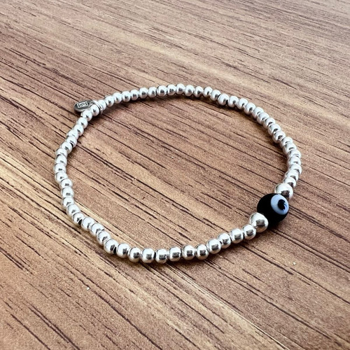 Pulsera Bolitas De Plata 925 Y Ojo Turco Amuleto Agálea Color Negra Diámetro 5 cm Largo 17 cm