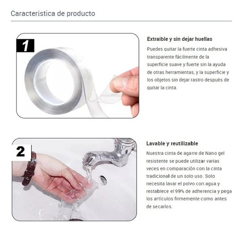Imagen 2 de 8 de Cinta De Nano Gel Lavable Doble Faz Transparente 3 Metros