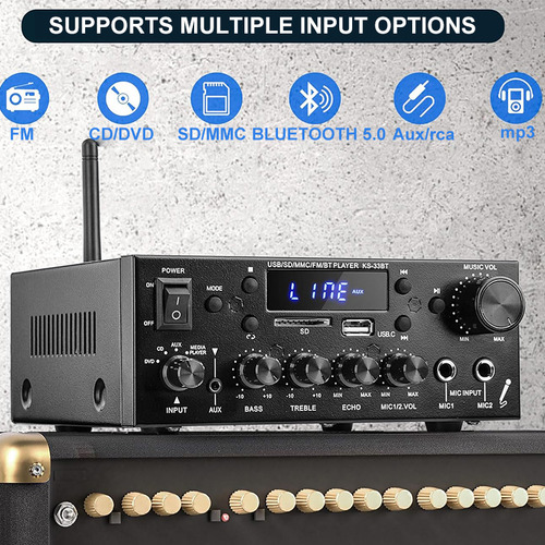 Amplificador Bluetooth Para Bocinas Audio 2 Canales Para Automóvil Y Hogar Alta Potencia Entrada Multimodo Calidad De Sonido Hifi Alta Fidelidad Con 2 Tomas De Micrófono Con Función Eco