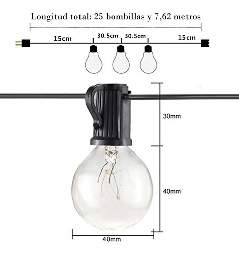 Imagen 6 de 7 de Extension Guirnalda De Luces Y Bombillos Vintage Exteriores