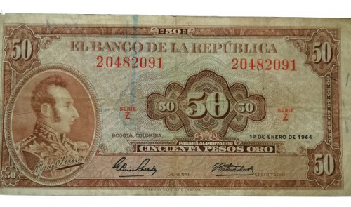 Billete Colombiano De 1964 De 50 Pesos 