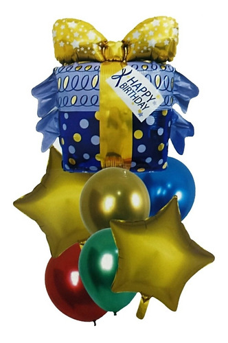 Kit 7 Globos Happy Birthday Caja De Regalo C Moño Estrellas