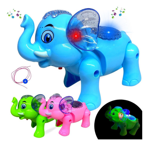 Elefante De Brinquedo Com Som E Luz Musical Anda Led Animal Cor Azul
