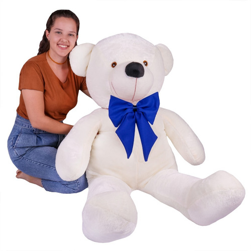 Urso De Pelúcia Gigante Teddy 110cm Grande - Laço Azul Cor Baunilha Laço Azul