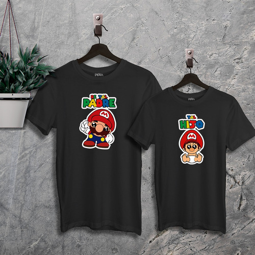 Franela Negra Papa Dúo Mario Bros Personalizadas 