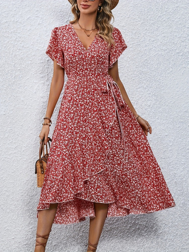 Vestido Midi Bohemio Floral Para Mujer Con Cuello En V Y Cin