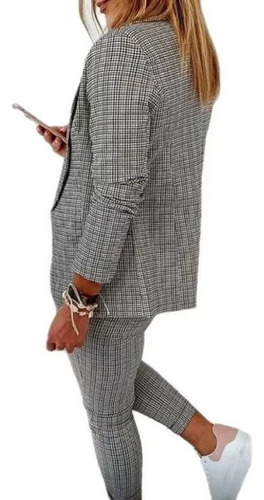 Conjunto De Pantalones Largos Estampado Cuadros Blazer Mujer