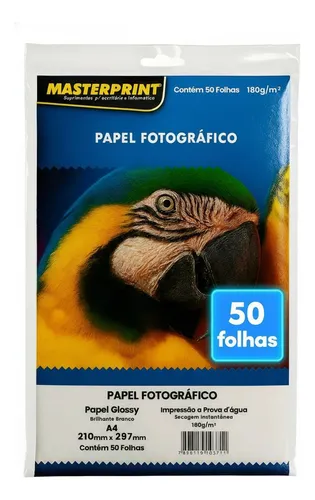 Masterprint A4 50 Folhas Papel Fotográfico 180g Brilho Cor Branco