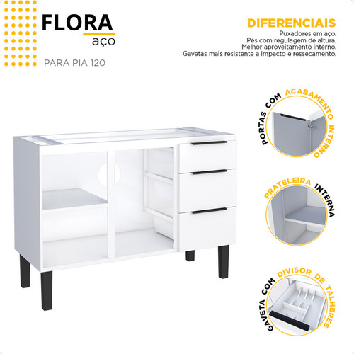 Bancada Gabinete Para Pia De 120 Flora Branco 2 Gavetas 117