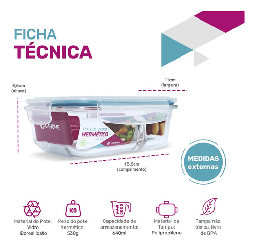 4 Potes Hermético Vidro Divisória Marmita Microondas 640ml
