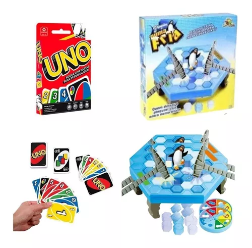 Jogo Quebra Gelo Pinguim + Barril Pirata Pula + Jogo Uno