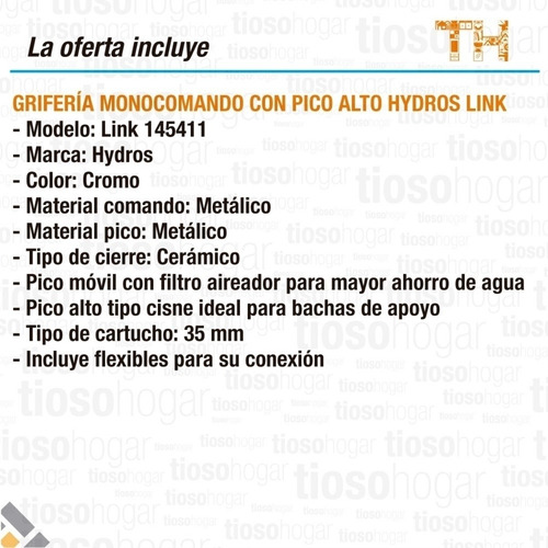 Imagen 6 de 10 de Canilla Monocomando Griferia Pico Bar Hydros Link Gtia Metal