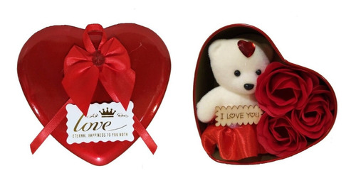 Caja Metálica De Corazón Con Oso De Peluche Y Rosas 12x12 Cm