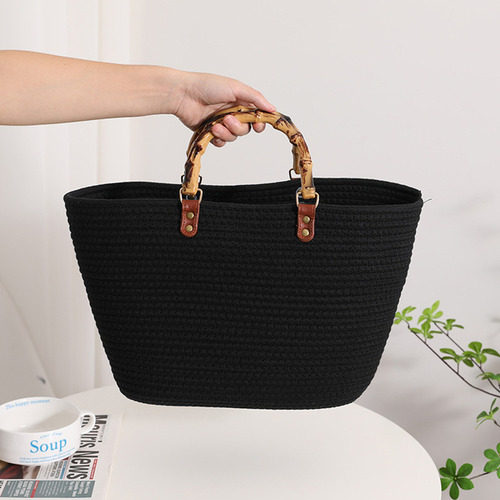 Bolsos De Playa De Moda Con Mango De Bambú, Algodón Tejido A