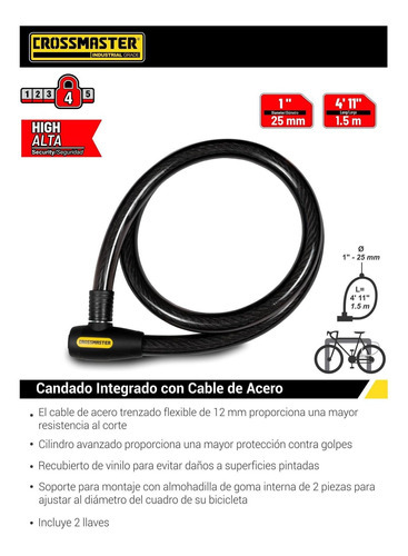 Imagen 2 de 3 de Candado Con Cable De Acero 25 Mm 1.5 Mt Crossmaster 9933440 Color Negro