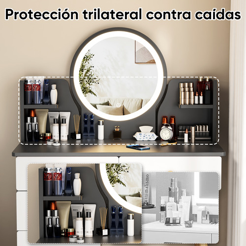 Tocador Con Espejo De Luz Led Y Taburete Comoda Extendible
