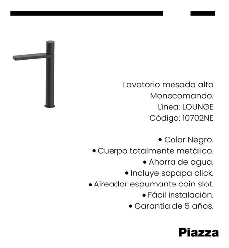 Grifería Lavatorio Pico Alto Piazza Negro Lounge Monocomando