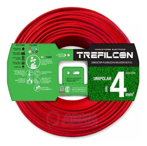 Cable Unipolar 4mm Normalizado Trefilcon Rojo Rollo X 25mts