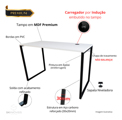 Mesa Escrivaninha Estilo Industrial Com Carregador Sem Fio