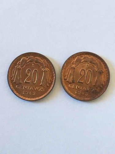 2 Monedas Chile 20 Centavos 1943 Casi Unc (x1111