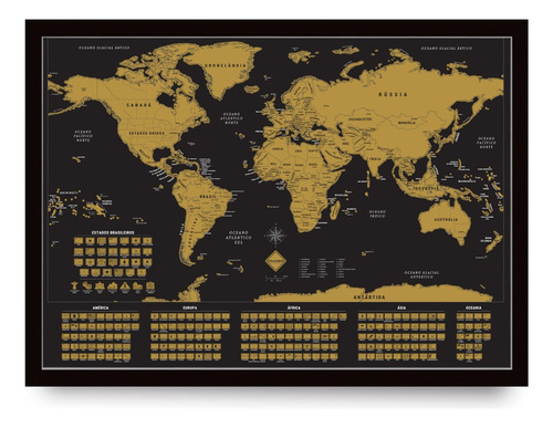 Mapa Mundi Raspadinha C/ Bandeiras 60x84 Com Moldura