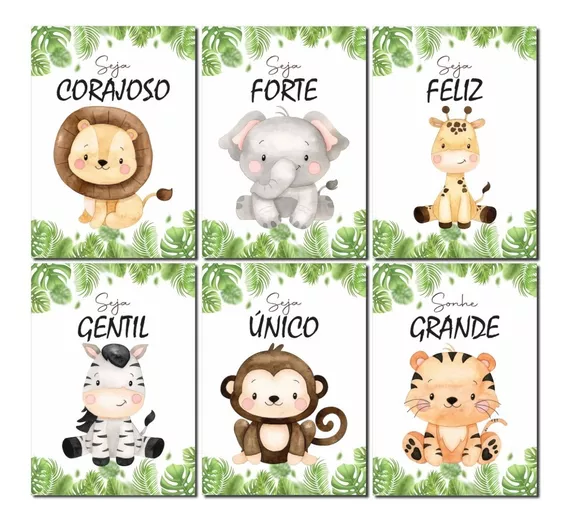 Kit Placas Quadros Decorativos Safari Baby 6 Peças 20x28cm