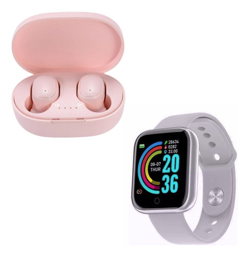 Combo Smartwatch D20 Y68 + Auricular Inalambrico A6s Rosa