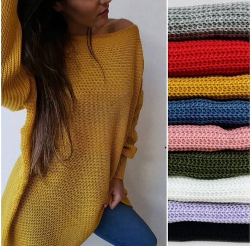 Maxi Suéter Mujer Tejido Acrílico Cuello Bote Myry Moda
