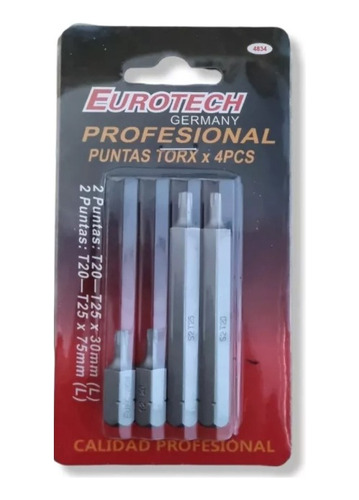 Juego 4 Puntas Torx 30 Y 75mm Largo T20 T25 Eurotech