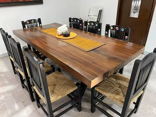 Conjunto mesa fija y sillas salón comedor estilo rústico cera nogal Veracruz