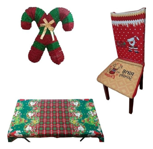 Set 6 Fundas De Sillas  Con Mantel Navideño Y 4 Bastones