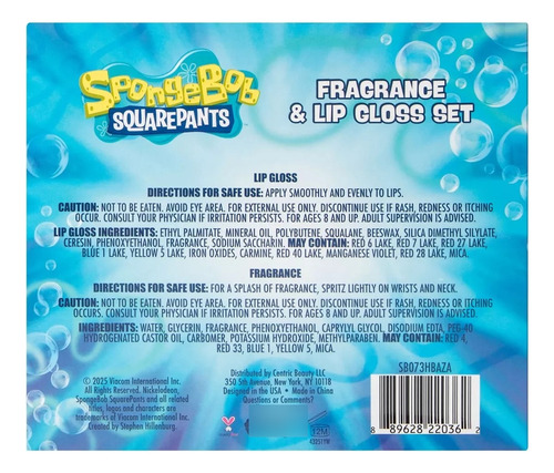Perfume Infantil Fragancia Y Brillo Labial Niñas Bob Esponja