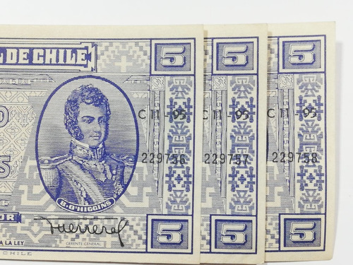 3 Billetes Chilenos 5 Pesos Maschke-herrera 1953-1958 - Cl1