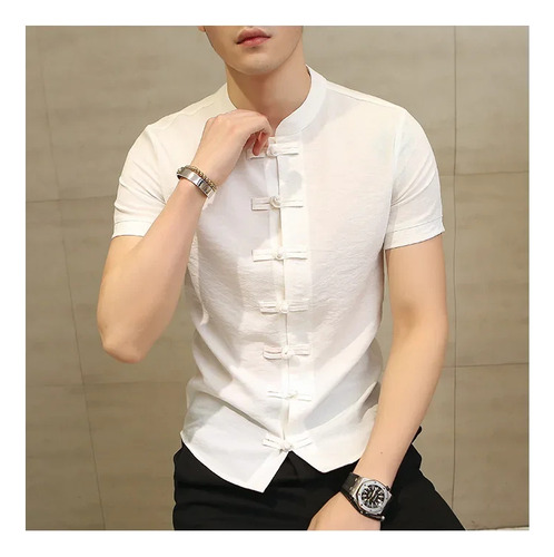 Camisa Casual De Lino Para Hombre, Corte Ajustado, Color Lis
