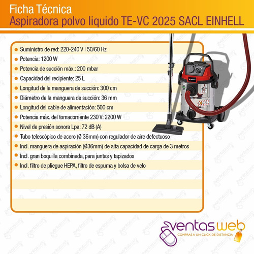 Imagen 9 de 10 de Aspiradora Industrial Einhell Inox 25lts 1200w Polvo Liquido