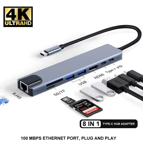 Adaptador Hub Usb Tipo C 8 En 1 Hdmi Rj45 