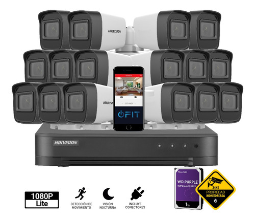 Imagen 1 de 12 de Kit Seguridad Hikvision Dvr 16 Canales + 16 Camaras + Disco