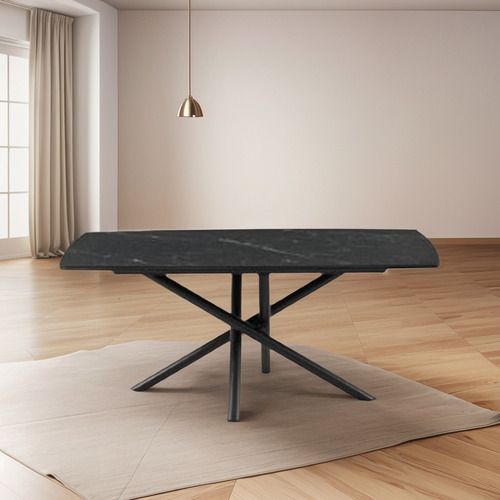 Mesa De Comedor Moderna De Neolith 180x90cm Importada Neoliht Simil Marmol Negro Statuario Base Negra