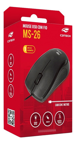 Mouse Usb Ms-26bk Preto C3tech Cabo 2 Metros Ergonômico