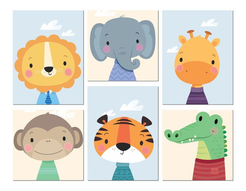 Kit 6 Quadros Decorativas Mdf P/ Quarto Infantil Safari