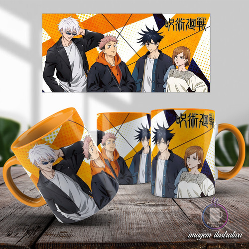 Caneca Jujutsu Kaisen Gojo Itadori Megumi Produto Geek Otaku Laranja Jujutsu Kaisen