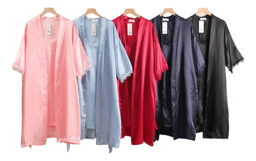 Conjunto Bata Y Pijama Camisola De Tirantes Satinada Colores